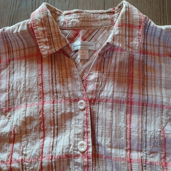 Christopher & Banks XL pink and tan plaid button-up short sleeve shirt - Picture 2 of 8